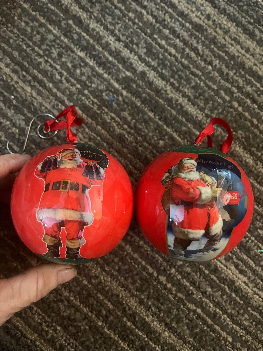 Vintage Coca Cola Red Santa Ornament Pair 1995?